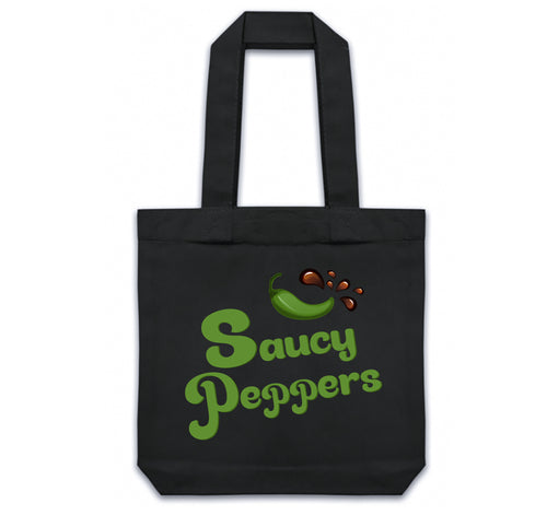 Black tote re-usable gift bag with 'Saucy Peppers' text and green graphics on a white background