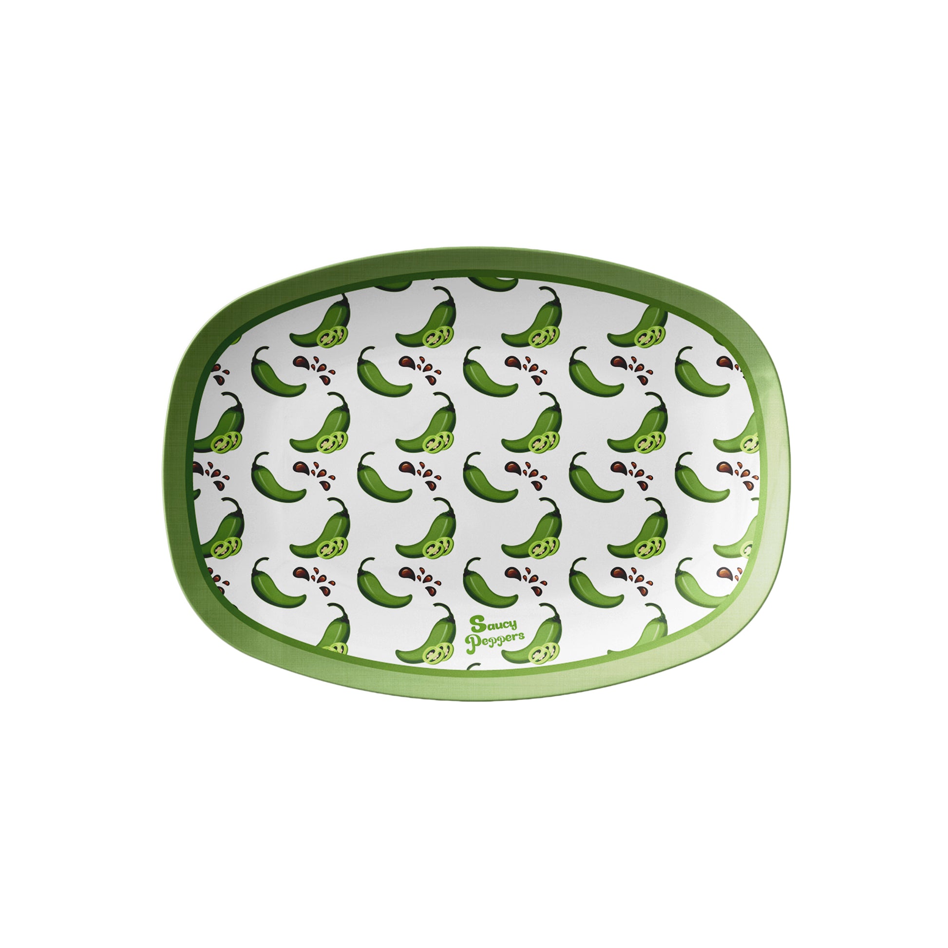 Serving Platter with Jalapeno Peppers print with brown soy sauce squirts and Saucy Peppers logo at bottom, with green border on white background 