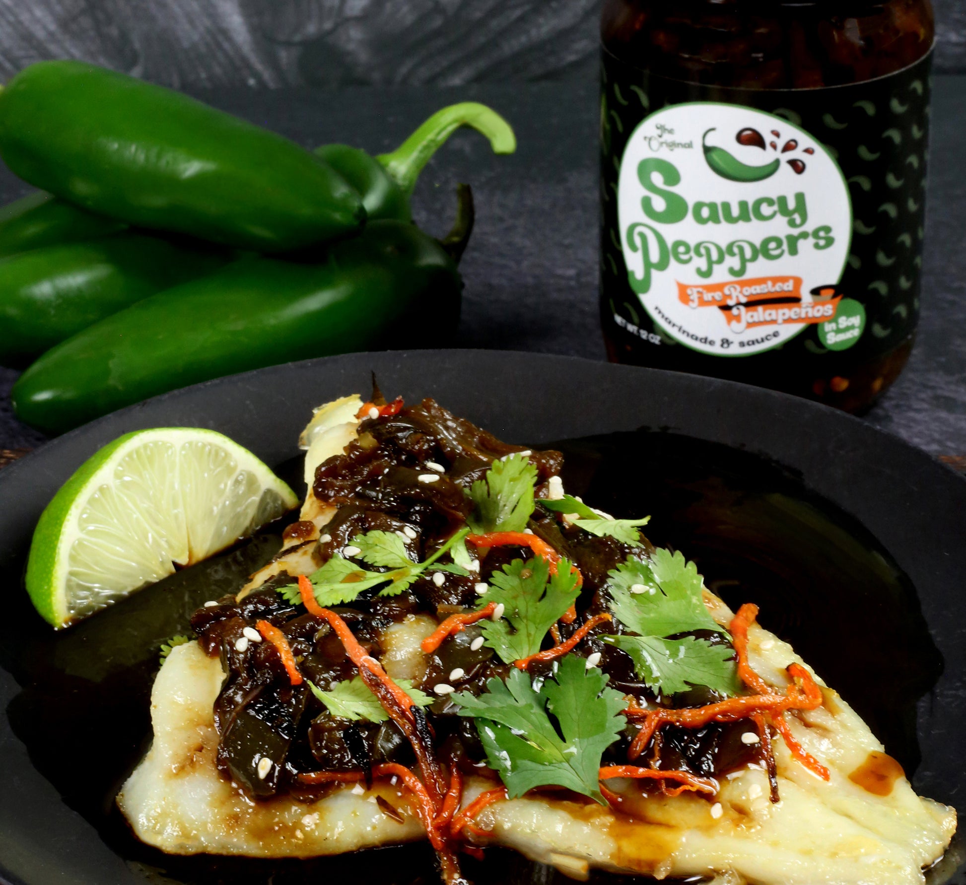 Saucy Peppers Fire Roasted Jalapeños in Soy Sauce: Topping & Marinade