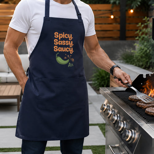 Saucy Peppers apron on man in in white tshirt grilling burgers