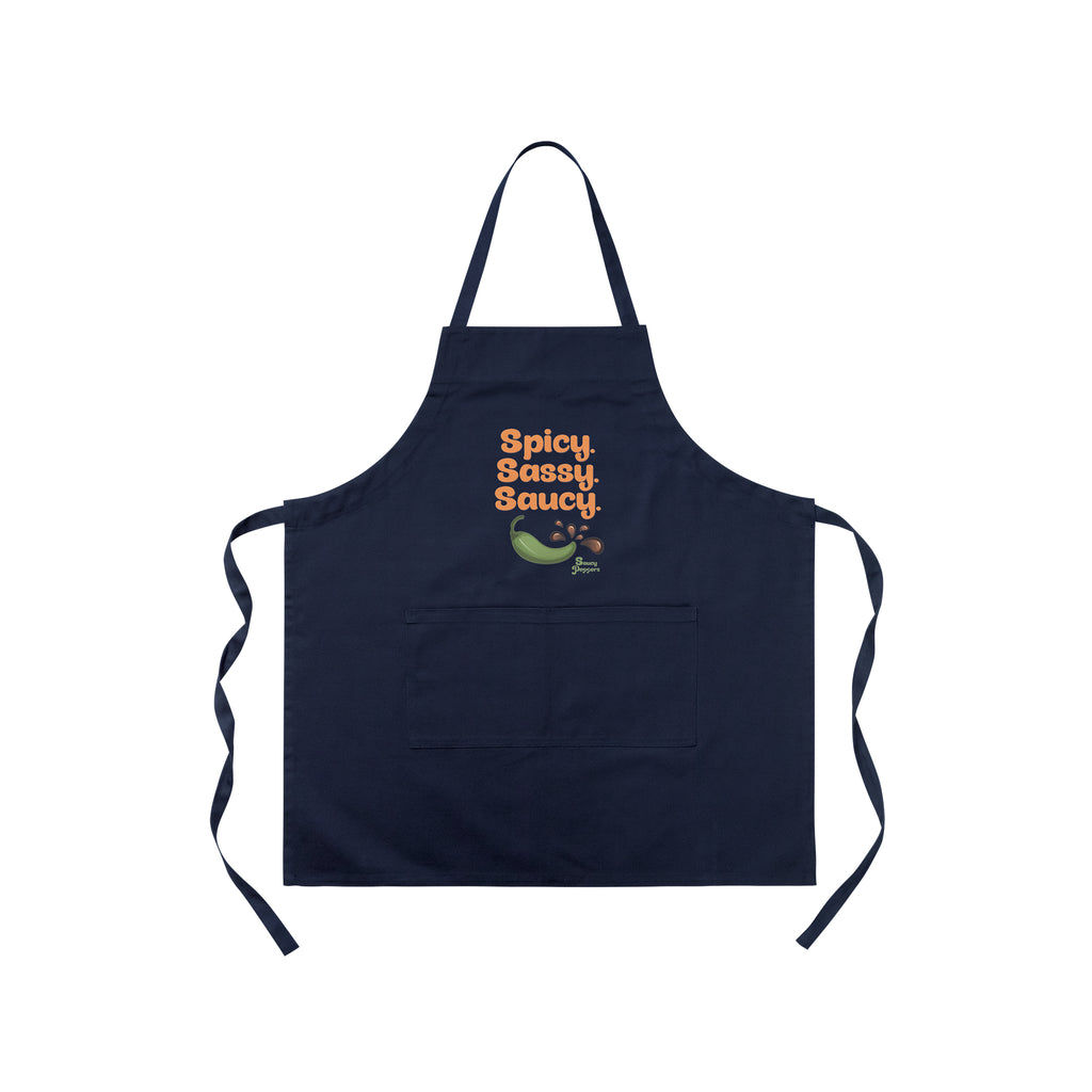 Dark Navy Blue Apron with Spicy. Sasy. Saucy. orange text - a jalapeno pepper graphic and Saucy Peppers logo on white background